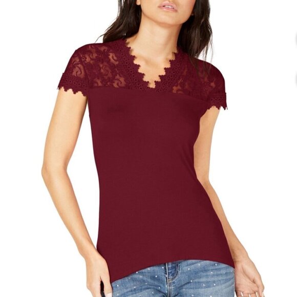 INC International Concepts Maroon Lace Trim Top, Size Large - Picture 1 of 15
